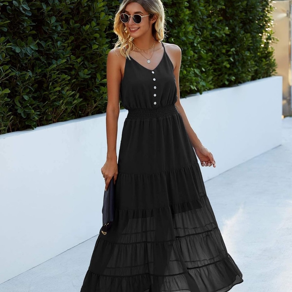 PRETTYGARDEN Summer Maxi Sundress Lined Spaghetti Strap BLACK Like New LARGE